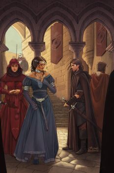 2boys 2girls alternate_costume anakin_skywalker blue_dress brown_cloak brown_hair cloak dress fingerless_gloves gloves highres hood hood_down hooded_cloak jr_bartok long_dress medieval multiple_boys multiple_girls obi-wan_kenobi padme_amidala red_dress star_wars