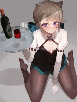 1girl absurdres alcohol animal_ears blush bottle breasts brown_hair cat_ears cat_girl cup drinking_glass facial_mark facial_tattoo frilled_leotard frills genshin_impact gloves highres leotard looking_at_viewer lynette_(genshin_impact) medium_breasts no_shoes pantyhose purple_eyes short_hair short_sleeves sitting skirt solo star_(symbol) star_facial_mark star_tattoo tattoo tray wariza wine wine_bottle wine_glass yakibug