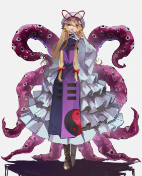 1girl :d absurdres blonde_hair boots bow brown_boots brown_hair commentary_request dedemaru dress gloves hair_between_eyes hat hat_ribbon highres lace-up_boots long_dress long_hair long_sleeves looking_at_viewer mob_cap open_mouth purple_eyes purple_tabard red_bow red_ribbon ribbon simple_background smile solo standing tabard tentacle_tail tentacles touhou trigram very_long_hair white_background white_dress white_gloves white_hat wide_sleeves yakumo_yukari yin_yang yin_yang_print