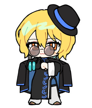Rule 34 | 1girl, :3, bangle, black coat, black dress, black hat, blonde hair, bracelet, chibi, cinq association east uniform, coat, coat on shoulders, don quixote (project moon), dress, full body, hat, jade bracelet, jewelry, limbus company, looking at viewer, palm-fist greeting, pinch (nesume), project moon, short hair, side slit, solo, yellow eyes