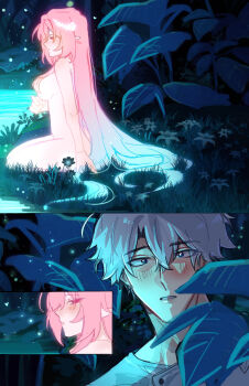 1boy 1girl absurdres aqua_hair blue_eyes blue_shirt blush breasts commentary_request completely_nude cyrene_(honkai:_star_rail) cyrene_(ripples_of_past_reverie)_(honkai:_star_rail) forest hair_bra highres hmumhu honkai:_star_rail honkai_(series) large_breasts looking_at_another multicolored_hair nature nude phainon_(a_dream_scented_in_wheat)_(honkai:_star_rail) phainon_(honkai:_star_rail) pink_hair pointy_ears purple_eyes seiza shirt sitting two-tone_hair white_hair