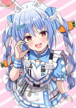 1girl absurdres alternate_costume animal_ears apron blue_dress blue_hair braid carrot_hair_ornament commentary_request dress food-themed_hair_ornament hair_ornament heart heart_hands highres hololive hosinonana long_hair looking_at_viewer multicolored_hair open_mouth orange_eyes rabbit-shaped_pupils rabbit_ears rabbit_girl short_eyebrows smile solo symbol-shaped_pupils teeth twin_braids two-tone_hair upper_teeth_only usada_pekora virtual_youtuber white_apron white_hair yellow_eyes