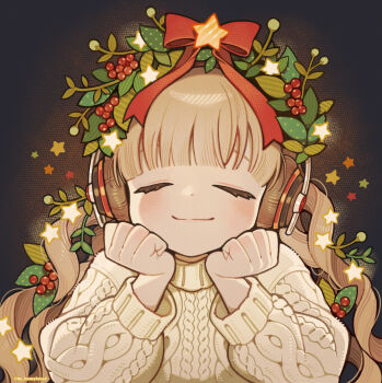 1girl blonde_hair blunt_bangs blush bow christmas closed_eyes closed_mouth commentary_request head_rest headphones highres im_honeybread leaf long_hair long_sleeves original red_bow revision smile solo star_(symbol) sweater upper_body white_sweater