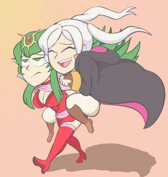 2girls bad_tag boots breasts carrying chibi cleavage closed_eyes davewaterfalls dragon_girl female_corrin_(fire_emblem) fire_emblem fire_emblem_awakening green_eyes green_hair multiple_girls nintendo piggyback ponytail robe simple_background tears thigh_boots thighhighs tiara tiki_(adult)_(fire_emblem) tiki_(fire_emblem) twintails white_hair