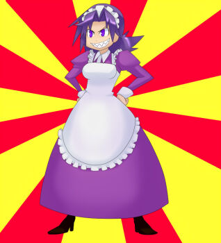 Rule 34 | 1girl, evil grin, evil smile, female focus, full body, futaba channel, grin, hands on own hips, macedonian flag, maid, maid headdress, matching hair/eyes, nijiura maids, purple eyes, purple hair, sagagaga, sharp teeth, smile, solo, standing, sunburst, teeth, uzai