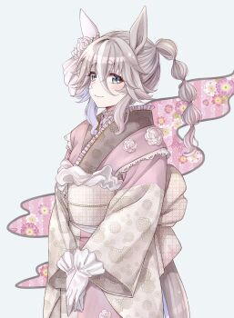 1girl akari_0313 alternate_costume animal_ears blue_eyes blush braid braided_ponytail breasts closed_mouth commentary_request ear_covers gloves grey_hair hair_between_eyes highres horse_ears horse_girl horse_tail japanese_clothes kimono long_hair long_sleeves multicolored_hair pink_kimono sash single_ear_cover smile solo streaked_hair tail umamusume white_gloves wonder_acute_(umamusume)