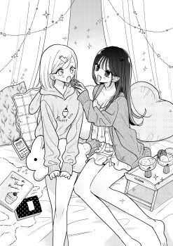 2girls :d akumade_amai_watashi_no_kanojo amai_mai animal-shaped_pillow barefoot book bowl breasts cardigan cellphone choppy_bangs cleavage cookie feeding food greyscale hair_ornament hashtag-only_commentary heart heart-shaped_pillow highres holding holding_food hood hood_down hoodie ice_cream kurosaki_lily long_hair long_sleeves looking_at_another medium_hair monochrome multiple_girls official_artist_extra on_bed open_cardigan open_clothes open_mouth phone pillow pointy_ears print_hoodie print_shirt print_shorts rabbit_hair_ornament shirt short_shorts shorts sitting smartphone smile sparkle tray yatosaki_haru