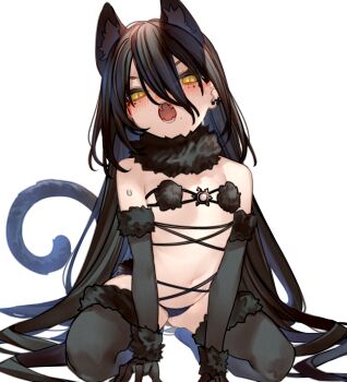 1girl animal_ears arknights bikini black_bikini black_hair cat_ears cat_girl cat_tail cosplay dagda_(arknights) extra_ears fate/grand_order fate_(series) fur-trimmed_legwear fur_bikini fur_collar fur_trim hair_between_eyes highres kneeling kochiya_(gothope) long_hair looking_at_viewer mash_kyrielight mash_kyrielight_(dangerous_beast) mash_kyrielight_(dangerous_beast)_(cosplay) open_mouth solo swimsuit tail white_background yellow_eyes