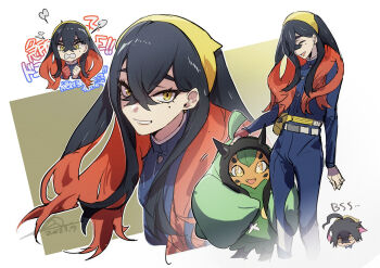 Rule 34 | 1boy, 1girl, angry, black hair, buttons, carmine (pokemon), chibi, chibi inset, colored inner hair, commentary, crossed bangs, dated, eyelashes, gloves, hair between eyes, hairband, highres, jacket, kieran (pokemon), long hair, long sleeves, mole, mole under eye, multicolored hair, nintendo, no-kan, ogerpon, ogerpon (teal mask), open mouth, pokemon, pokemon (creature), pokemon sv, red hair, sidelocks, signature, smile, two-tone hair, yellow eyes, yellow hairband