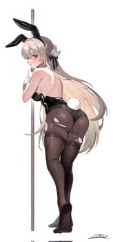 1girl animal_ears black_leotard black_ribbon blush brown_pantyhose closed_mouth commentary_request firefly_(honkai:_star_rail) gradient_eyes green_pupils grey_hair hair_between_eyes hair_intakes hair_ornament hair_ribbon highres honkai:_star_rail honkai_(series) korean_commentary leotard long_hair multicolored_eyes on2_(on2dhsxn) pantyhose playboy_bunny pole rabbit_ears ribbon signature solo sweatdrop torn_clothes torn_pantyhose