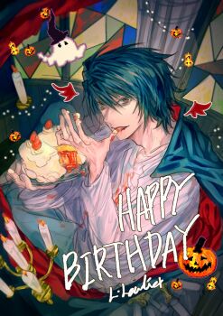 Rule 34 | 1boy, birthday cake, black hair, blue pants, cake, candlestand, death note, food, food on hand, ghost, hair between eyes, happy birthday, highres, holding, holding cake, holding food, jack-o'-lantern, l (death note), licking own finger, looking at another, male focus, mini wings, no eyebrows, pants, shirt, short hair, solo, tama161022, tongue, tongue out, white shirt, wings