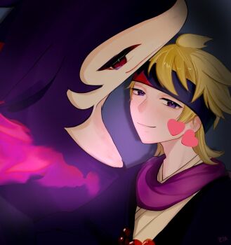 Rule 34 | 1boy, blonde hair, commentary request, fire, headband, heart emoji, highres, hisuian typhlosion, looking at viewer, morty (academy) (pokemon), morty (pokemon), nintendo, official alternate costume, pokemon, pokemon (creature), pokemon masters ex, purple eyes, purple fire, purple headband, purple scarf, scarf, sohapoma, upper body