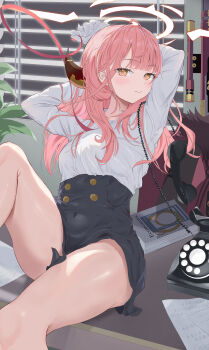 1girl absurdres antique_phone arms_behind_head aru_(blue_archive) black_skirt blue_archive blunt_bangs blush breasts commentary convenient_skirt covered_navel desk dress_shirt feet_out_of_frame gloves halo high-waist_skirt highres horns indoors long_hair long_sleeves looking_at_viewer low_horns medium_breasts miniskirt office on_desk orange_eyes parted_lips phone pink_hair pink_halo reclining rotary_phone shirt side_part sitting skirt solo thighs white_gloves white_shirt window_blinds yayayadoc
