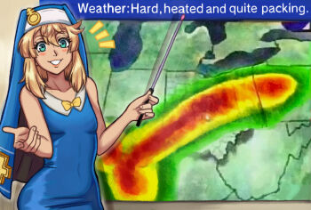 1boy bare_shoulders blonde_hair blue_eyes bridget_(guilty_gear) collarbone guilty_gear looking_at_viewer neggoartz sexually_suggestive smile teeth trap weather weathergirl