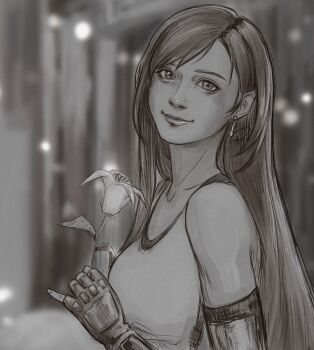 Rule 34 | 1girl, bare shoulders, blurry, blurry background, breasts, closed mouth, collarbone, earrings, elbow gloves, final fantasy, final fantasy vii, final fantasy vii remake, fingerless gloves, flower, from side, gloves, greyscale, hair behind ear, heart, heart in eye, highres, holding, holding flower, jewelry, kuroiitulip, light particles, lips, long hair, looking at viewer, medium breasts, monochrome, signature, single earring, single sidelock, smile, solo, suspenders, swept bangs, symbol in eye, tank top, teardrop earrings, tifa lockhart, upper body