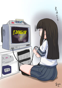 Rule 34 | 1girl, akashieru, black hair, commentary request, controller, from behind, game console, game controller, gamecube, hatsuyuki (kancolle), highres, indian style, kantai collection, long hair, one-hour drawing challenge, playing games, school uniform, sega saturn, serafuku, shirt, sitting, solo, super famicom, super famicom cartridge, super famicom naizou tv sf1, super robot wars, super robot wars 4, television, translated, white shirt
