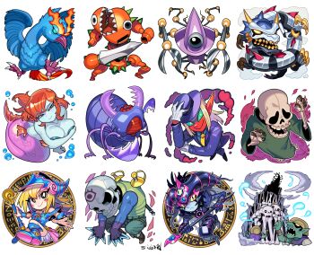 2girls alinsection bare_shoulders bird blocker_(yu-gi-oh) blonde_hair blue-winged_crown blue_boots blue_hat blue_skirt blush_stickers boots brave_scizzar bug chibi chibi_only colored_skin commentary_request dark_assailant dark_magician_girl dark_magician_of_chaos dragon duel_monster enchanting_mermaid green_robe hair_between_eyes hat highres holding holding_staff holding_wand long_hair mermaid metal_dragon_(yu-gi-oh) monster_girl multiple_girls non-humanoid_robot one-eyed orange_hair red_skin robe robot robot_dragon sido_(slipknot) skeleton skirt smile soul-absorbing_bone_tower staff sword the_wandering_doomed wand weapon witty_phantom wizard_hat yu-gi-oh!