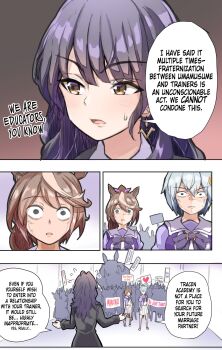 animal_ears hard-translated highres hishi_akebono_(umamusume) holding holding_sign horse_ears horse_girl horse_tail kashimoto_riko momonosuke_(u-ma991028) school_uniform seiun_sky_(umamusume) sign speech_bubble tail third-party_edit third-party_source tokai_teio_(umamusume) tracen_school_uniform umamusume