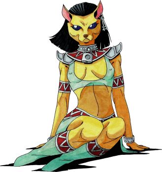 Rule 34 | 1girl, absurdres, armlet, bastet (megami tensei), black hair, blue eyes, bracelet, breasts, cat girl, colored skin, covered erect nipples, demon (megami tensei), earrings, highres, jewelry, kazuma kaneko, key earrings, lock, official art, padlock, scan, shin megami tensei, shin megami tensei ii, sitting, skirt, slit pupils, solo, third-party source, transparent background, yellow skin, yokozuwari