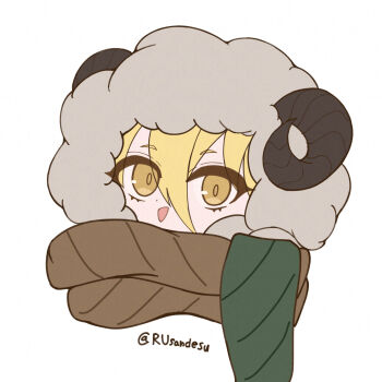 1girl blonde_hair brown_scarf don_quixote_(project_moon) flat_color fur_hood hair_between_eyes heishou_pack-wei_branch_(identity)_(project_moon) highres horns limbus_company looking_at_viewer open_mouth portrait project_moon rusandesu scarf sheep_horns simple_background smile solo twitter_username white_background yellow_eyes