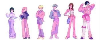 3boys 3girls alien_stage alternate_costume bag belt beret black_belt black_hair black_jacket black_shirt blonde_hair blue_belt blue_hair bob_cut bow brown_hair commentary corset earrings glasses green_eyes grey_eyes grey_hair grey_leg_warmers grey_shorts hair_bow hat highres hyuna_(alien_stage) ivan_(alien_stage) jacket jewelry leg_warmers long_hair lubya luka_(alien_stage) medium_hair mizi_(alien_stage) multicolored_hair multiple_boys multiple_girls necklace pants pearl_earrings pink_bow pink_hair pink_hat pink_jacket pink_pants pink_shoes pink_shorts pink_sweater pink_vest purple_bag purple_pants purple_shirt shirt shoes short_hair shorts shoulder_bag sleeveless sleeveless_shirt sphere_earrings sua_(alien_stage) sweater thick_eyebrows till_(alien_stage) turtleneck turtleneck_shirt two-tone_hair very_long_hair very_short_hair vest w white_corset white_pants white_sweater yellow_eyes yellow_shoes