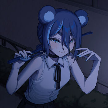 1girl absurdres animal_ears bear_ears bear_girl black_ribbon blue_hair choker closed_mouth collared_shirt commentary commission cosplay fujikura_uruka hair_between_eyes highres holding multicolored_hair phase_connect reze_(chainsaw_man) reze_(chainsaw_man)_(cosplay) ribbon shirt sleeveless sleeveless_shirt smile solo streaked_hair virtual_youtuber white_shirt yger