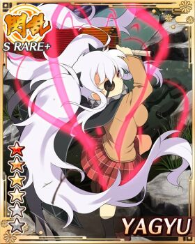 Rule 34 | 1girl, aura, black cape, breasts, brown jacket, cape, character name, closed mouth, closed umbrella, dot mouth, eyepatch, game cg, jacket, large breasts, long hair, looking at viewer, looking back, necktie, non-web source, official alternate costume, official art, oil-paper umbrella, plaid clothes, plaid skirt, red eyes, red necktie, red skirt, senran kagura, senran kagura new wave, shuriken, shuriken hair ornament, skirt, solo, standing, standing on one leg, twintails, umbrella, weapon, white hair, yagyu (senran kagura)