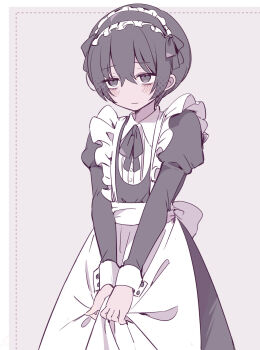 1boy apron back_bow black_eyes black_hair black_ribbon blush bow closed_mouth commentary_request cowboy_shot crossdressing crossdressing_(mtf) grey_background highres limbus_company maid male_maid marbornath neck_ribbon project_moon ribbon simple_background solo white_apron white_bow wrist_cuffs yi_sang_(project_moon)