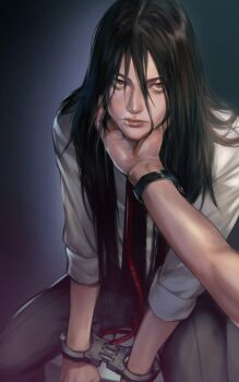 1boy 1other absurdres black_hair black_pants blouse brown_eyes closed_mouth cuffs danganronpa_(series) danganronpa_2:_goodbye_despair gradient_background grey_background grey_shirt hair_between_eyes hand_on_another's_chin handcuffed handcuffs highres kamukura_izuru leash long_hair long_sleeves looking_at_viewer male_focus pants rei_(tdn_ng) shirt solo