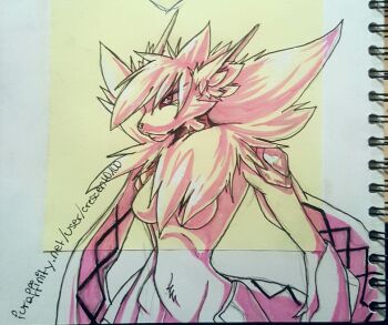 +_+ 10s 1girl armor breasts claws crescent0100 digimon digimon_adventure_tri. fangs fur_collar furry glowing_markings meicrackmon_vicious_mode navel neon_trim no_nipples notebook red_eyes sharp_nails sketch tail