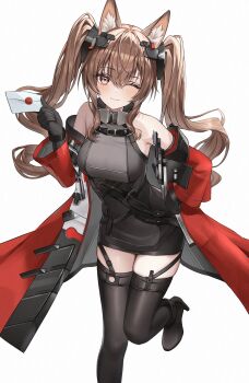 1girl :3 absurdres angelina_(arknights) animal_ear_fluff animal_ears arknights arknights:_endfield bare_shoulders black_boots black_gloves black_thighhighs boots bracelet breasts brown_hair coat commentary_request diamond-shaped_pupils diamond_(shape) dot_nose double-parted_bangs dress elbow_gloves fold-over_boots fox_ears fox_girl gilberta_(arknights) gloves grey_dress hair_between_eyes hair_intakes hand_on_own_hip headgear high_collar high_heel_boots high_heels highres holding holding_letter impossible_clothes impossible_dress jewelry leg_up letter long_hair long_sleeves looking_at_viewer medium_breasts nagine off_shoulder one_eye_closed orange_eyes red_coat short_dress simple_background skindentation sleeveless sleeveless_dress solo standing standing_on_one_leg symbol-shaped_pupils thighhighs twintails white_background zettai_ryouiki