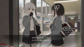 2girls bag black_hair blue_eyes dialogue_options drone fake_screenshot hair_ribbon highres long_hair lost_property_control_organization_(samidare) multiple_girls protagonist_(lost_property_control_organization) ribbon samidare_(hoshi) school_uniform shiraishi_rei_(samidare) shirt short_hair shoulder_bag skirt t-6407j_(samidare) ticket translated user_interface white_hair white_ribbon white_shirt