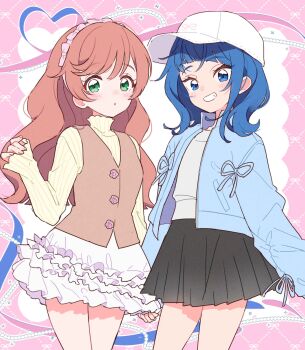2girls alternate_hairstyle baseball_cap black_skirt blue_eyes blue_hair blue_jacket bow_hairband brown_vest casual commentary cut_bangs frilled_skirt frills green_eyes grey_shirt grin hair_down hairband hat heart highres hirogaru_sky!_precure holding_hands izumi_kirifu jacket layered_skirt light_frown long_hair long_sleeves looking_at_viewer medium_hair mini_hat mini_top_hat multiple_girls nijigaoka_mashiro open_clothes open_jacket pink_background pink_hair pink_hairband pink_ribbon pleated_skirt precure ribbed_shirt ribbon shirt side-by-side skirt smile sora_harewataru top_hat turtleneck turtleneck_shirt vest white_hat white_skirt yellow_shirt