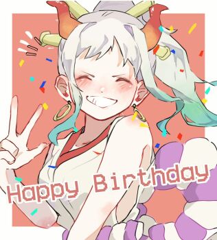 1girl ^_^ border closed_eyes commentary_request confetti earrings hair_ornament happy_birthday highres horns japanese_clothes jewelry kimono mixed-language_commentary one_piece ponytail rope shimenawa sidelocks sleeveless sleeveless_kimono solo u_mi031 white_background white_border white_kimono yamato_(one_piece)