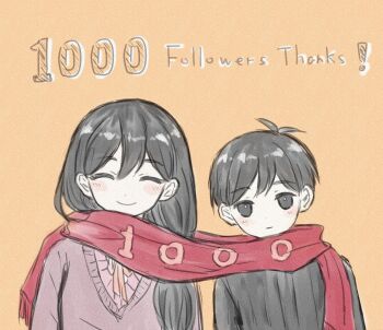 1boy 1girl ^_^ antenna_hair arms_at_sides black_eyes black_hair black_shirt blush breasts bright_pupils brother_and_sister brown_sweater closed_eyes closed_mouth commentary double-parted_bangs english_commentary facing_viewer film_grain hair_behind_ear hair_between_eyes hair_over_shoulder long_hair long_sleeves looking_at_viewer low_ponytail mari_(faraway)_(omori) mari_(omori) milestone_celebration neck_ribbon official_alternate_costume official_alternate_hairstyle omori orange_background pale_skin ponytail qq_(oooomoribiglove) red_ribbon red_scarf ribbon scarf shirt short_hair siblings simple_background small_breasts smile straight-on sunny_(omori) sweater upper_body v-neck very_short_hair white_pupils