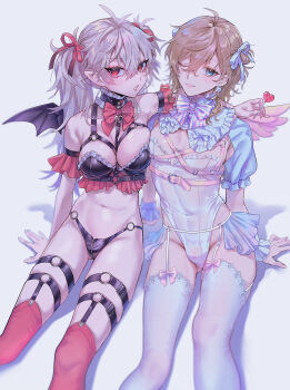 Rule 34 | 1boy, 1girl, absurdres, alternate costume, angel wings, black panties, blue eyes, bow, bowtie, breasts, brown hair, bulge, commentary request, crossdressing, crossdressing (mtf), demon wings, detached collar, fake wings, frills, garter belt, genderswap, genderswap (mtf), grey hair, hair ribbon, highres, kanae (nijisanji), kuzuha (nijisanji), large breasts, leotard, nijisanji, o-ring, o-ring bottom, o-ring thigh strap, one eye closed, panties, pointy ears, puffy short sleeves, puffy sleeves, red bow, red bowtie, red eyes, red thighhighs, ribbon, sanya (nijisanji), short sleeves, simple background, sitting, smile, thigh strap, thighhighs, trap, twintails, underwear, unicorn ojisan (2zira0727000), virtual youtuber, white background, white leotard, white thighhighs, wings