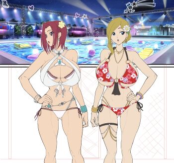 2girls alternate_costume ass bikini breasts code_geass code_geass:_lost_stories curvy gluteal_fold highres huge_breasts iwao178 kouzuki_kallen milly_ashford multiple_girls official_alternate_costume swimsuit thong thong_bikini wide_hips