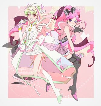 Rule 34 | 2girls, apron, argyle background, black gloves, black hair, black socks, blonde hair, blowing kiss, blunt bangs, blush, bracelet, braid, bubble skirt, choker, cure kiss, cure zukyuun, dress, earrings, elbow gloves, finger gun, floating, fortissimo, frilled dress, frilled ribbon, frilled skirt, frilled sleeves, frills, full body, gingham apron, gingham dress, gloves, green hair, hair ornament, hair ribbon, hair tie, hair wings, half gloves, heart-shaped lock, high heels, highres, holding, holding stick, holding weapon, isu is, jewelry, kimi to idol precure, kneehighs, long hair, looking at viewer, meroron (human form), multiple earrings, multiple girls, music, musical note, musical note hair ornament, parted bangs, pink hair, precure, puffy dress, puffy short sleeves, puffy sleeves, purirun (human form), purple eyes, red eyes, ribbon, ribbon choker, short dress, short sleeves, singing, single bare leg, single bare shoulder, single kneehigh, single sock, sitting sideways, skirt, sleeveless, sleeveless dress, socks, standing, stick, twin braids, twintails, twitter username, very long hair, watermark, weapon, white gloves, wing hair ornament