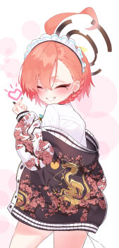 ^_^ absurdres ahoge asymmetrical_bangs black_nails blue_archive blush braid closed_eyes commentary_request earrings finger_heart fingernails grin halo heart highres huge_ahoge jacket jacket_partially_removed jewelry maid_headdress mole mole_under_eye nail_polish neru_(blue_archive) orange_hair shirt short_hair simple_background single_braid smile stud_earrings sukajan thighs warabi_mochi_(w4rabimochi) white_background white_shirt