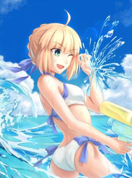 1girl ahoge andychen662000 artoria_pendragon_(fate) artoria_pendragon_(swimsuit_archer)_(fate) ass bikini blonde_hair blue_bow blue_sky bow braid bun_with_braided_base butt_crack cloud fate/grand_order fate/stay_night fate_(series) green_eyes hair_bow hair_bun highres holding holding_water_gun horizon outdoors side-tie_bikini_bottom sidelocks sky solo swimsuit water water_gun white_bikini