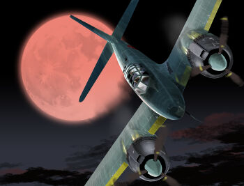 2boys aircraft airplane cloud flying full_moon hashtag-only_commentary imperial_japanese_navy matsuda_juukou military_vehicle moon moonlight multiple_boys nakajima_j1n1 night night_sky original outdoors propeller propeller_fighter red_moon sky vehicle_focus