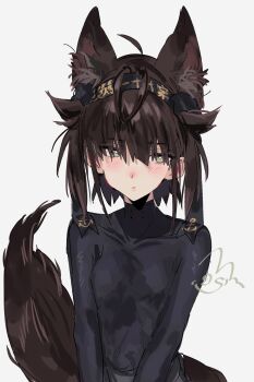 1girl ahoge anchor_symbol animal_ear_fluff animal_ears aogisa black_bodysuit bodysuit brown_hair collarbone commentary dog_ears dog_tail facing_viewer hachimaki hair_flaps hatsuzuki_(kancolle) headband highres kantai_collection short_hair signature simple_background skin_tight solo straight-on symbol-only_commentary tail upper_body white_background