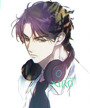 1boy black_hair black_shirt collared_shirt curtained_hair headphones headphones_around_neck looking_at_viewer male_focus narrowed_eyes omniscient_reader&#039;s_viewpoint shirt short_hair sidelighting solo undershirt upper_body white_shirt xiro yoo_joonghyuk