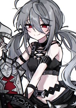 1girl absurdres ahoge arm_strap bare_shoulders black_survival blush bracelet chain cropped_shirt empty_eyes eternal_return:_black_survival garnet_(black_survival) grey_hair highres holding holding_sword holding_weapon jewelry long_hair looking_at_viewer low_twintails midriff ming_o0o pale_skin red_eyes smile solo strap sword twintails weapon white_background