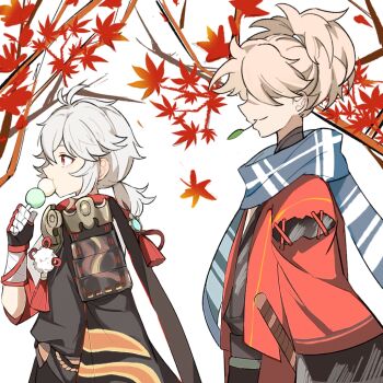 2boys armor autumn_leaves bandaged_hand bandages black_kimono blue_scarf covered_eyes dango eating food from_side genshin_impact japanese_armor japanese_clothes kaedehara_kazuha kazuha's_friend_(genshin_impact) kimono leaf light_brown_hair long_wind male_focus mouth_hold multiple_boys orange_eyes plaid_clothes plaid_scarf ponytail scarf short_hair shoulder_armor simple_background sode stalk_in_mouth tassel upper_body wagashi white_background white_hair