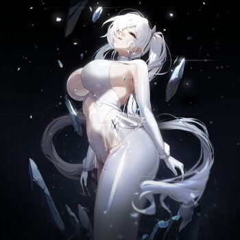 artist_request black_background breasts cinderella_(nikke) debris game_cg gloves goddess_of_victory:_nikke half-closed_eyes long_hair one_eye_covered shiny_clothes sideboob sidelocks spoilers thick_thighs thighs third-party_source twintails
