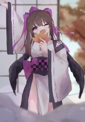 Rule 34 | 1girl, absurdres, bird wings, black wings, blurry, brown hair, commentary request, commission, depth of field, hat, hauchiwa, highres, himekaidou hatate, japanese clothes, kourindou tengu costume, light blush, long hair, long sleeves, matcha yado, obi, official alternate costume, one eye closed, open mouth, pelvic curtain, pom pom (clothes), purple eyes, purple hat, ribbon-trimmed sleeves, ribbon trim, sash, shouji, skeb commission, sliding doors, solo, stretching, tokin hat, touhou, twintails, wide sleeves, wings