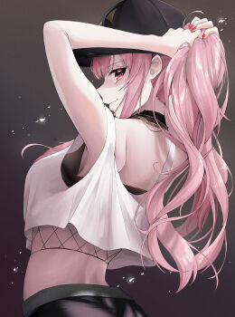 1girl absurdres adjusting_hair black_hat black_pants commentary english_commentary hat highres hololive hololive_english keya_(user_pnkz5883) looking_at_viewer midriff mori_calliope mori_calliope_(streetwear) nail_polish pants pink_eyes pink_hair ponytail red_nails shirt solo virtual_youtuber white_shirt
