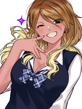 1girl ;d absurdres black_eyes blonde_hair blue_bow blue_bowtie blue_sweater bow bowtie breasts cleavage commentary dark-skinned_female dark_skin earrings english_commentary gradient_hair grin gyaru hand_up highres idolmaster idolmaster_shiny_colors izumi_mei jewelry large_breasts looking_at_viewer loose_bowtie multicolored_hair one_eye_closed open_mouth school_uniform shirt simple_background smile solo sweater sweater_vest upper_body v-neck wanderstillart white_background white_shirt