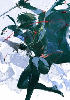 blood boots brown_hair cape code_geass geass highres holding_another's_wrist inair knee_boots kururugi_suzaku lelouch_vi_britannia male_focus multicolored_eyes out_of_frame short_hair sword weapon